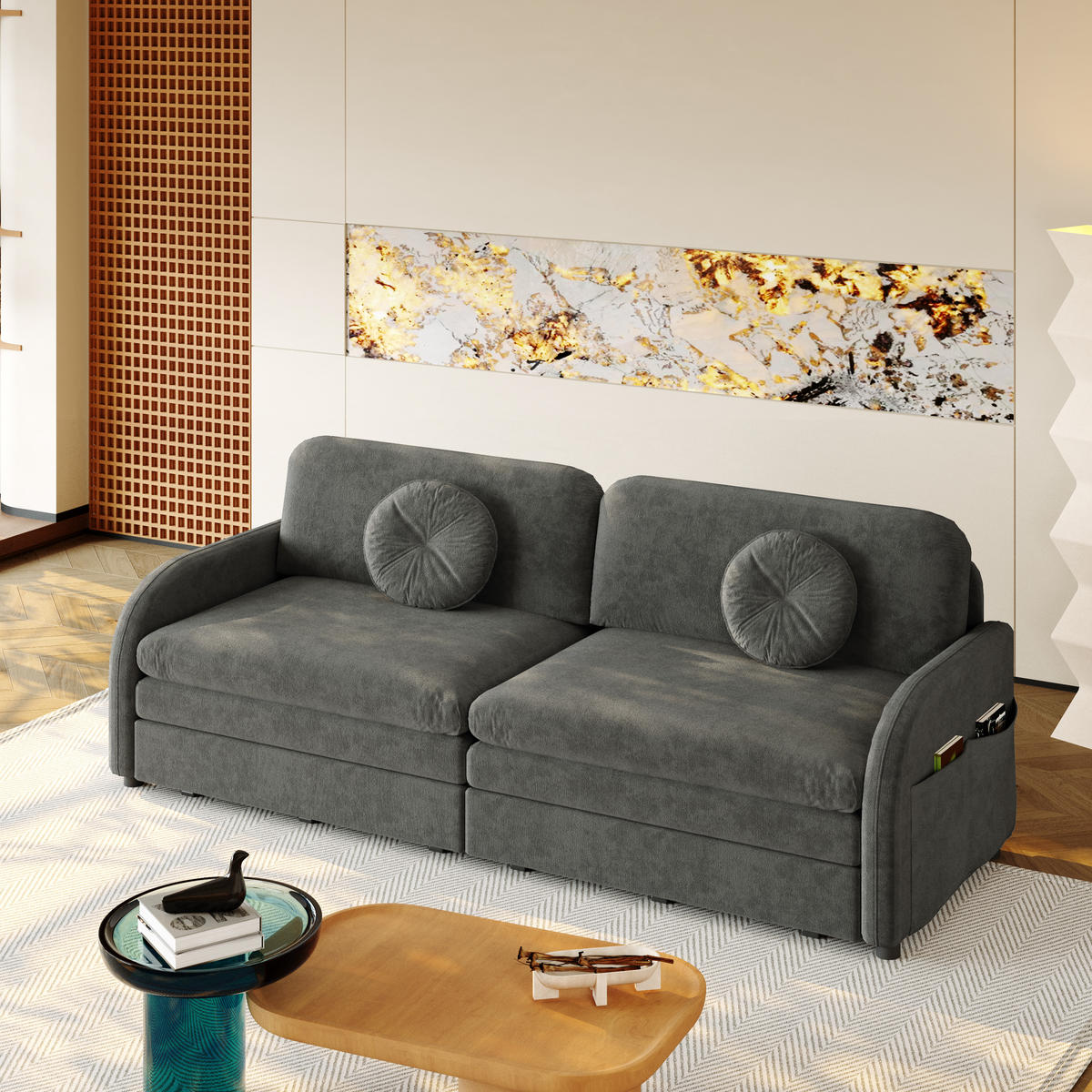 SCHLAFSOFA 3-in-1 ausziehbar 206 cm mit Stautaschen, DE-42862, Grau - Grau, Metall (205/89/84cm) - ComfortXL