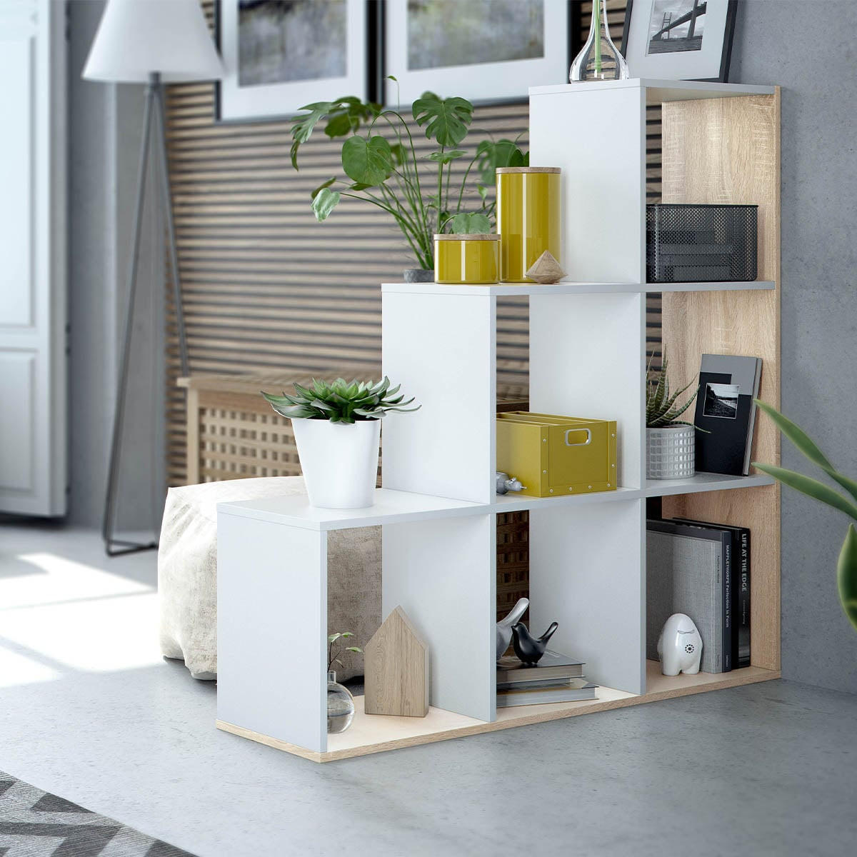 BÜCHERREGAL Treppe 6 Fächer Step - H110 cm - Weiß, Holzwerkstoff (28/110/108cm) - Calicosy