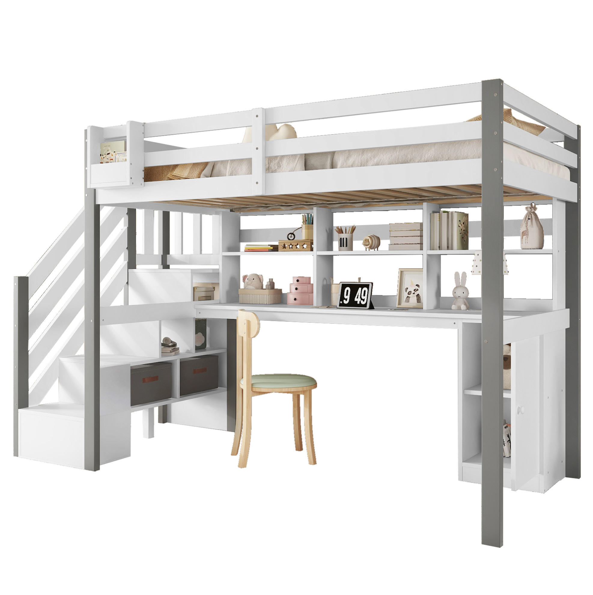 HOCHBETT 90/200 cm weiß aus Massivholz mit Schreibtisch und Stauraumtreppe - Weiß, Holz (90/200cm) - OKWISH