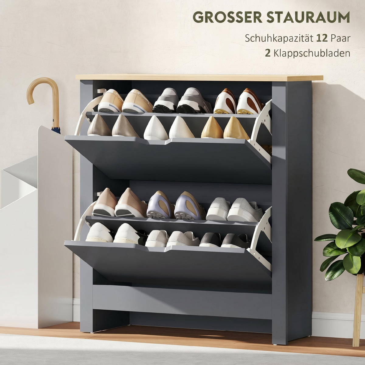 SCHUHSCHRANK Spanplatte Dunkelgrau - Dunkelgrau/Grau, Holzwerkstoff/Kunststoff (26/80/72cm) - HOMCOM