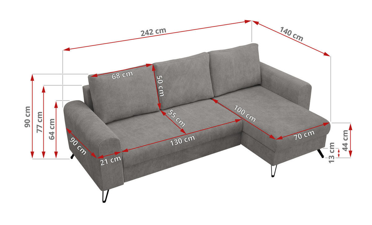ECKSOFA Hugo Cord Hellgrau - Hellgrau/Schwarz, Textil/Metall (242/140cm) - MKS