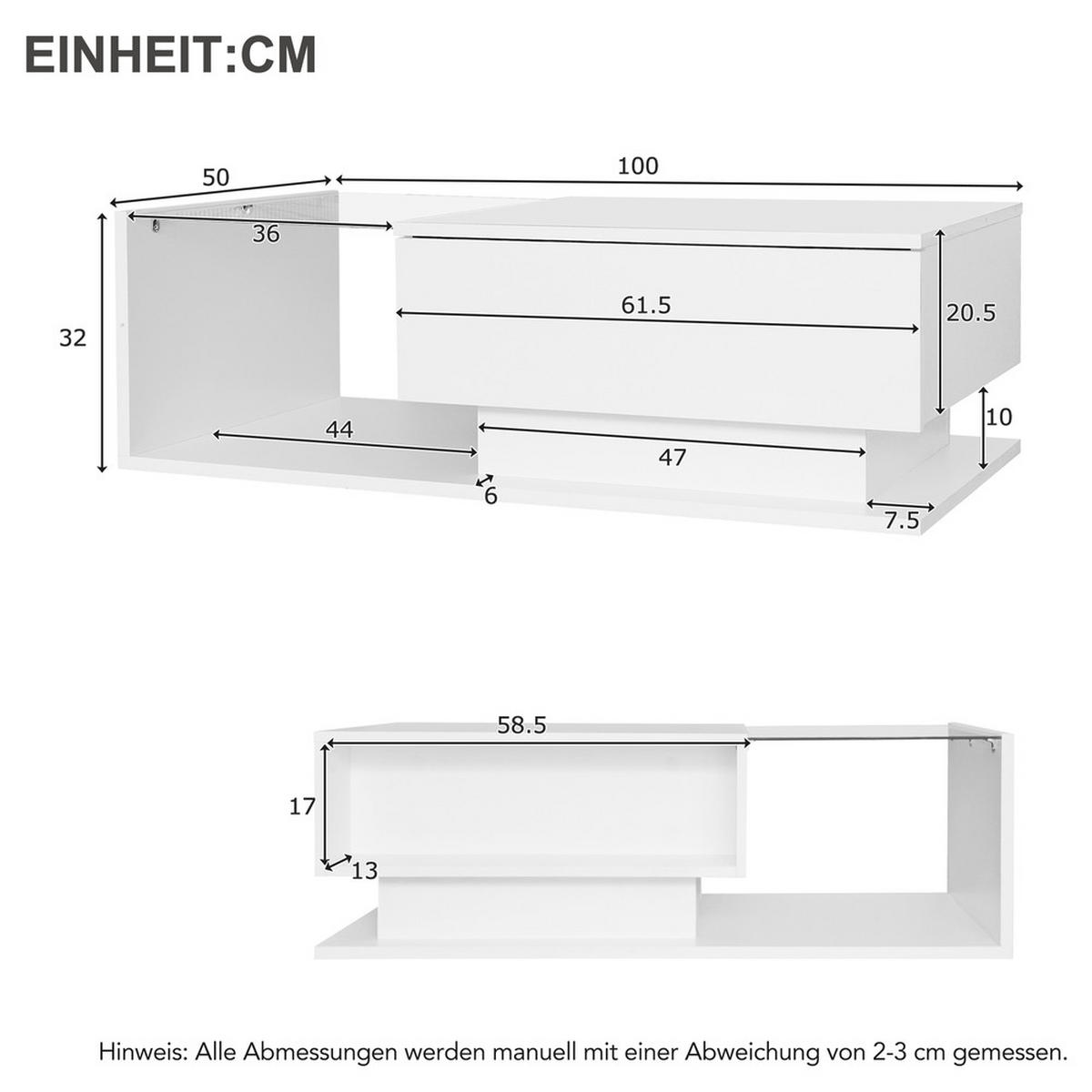 COUCHTISCH 100x50cm Hochglanzweiß Glasplatte Schublade LED-Beleuchtung - Weiß, Holz (100/50/32cm) - FLIEKS