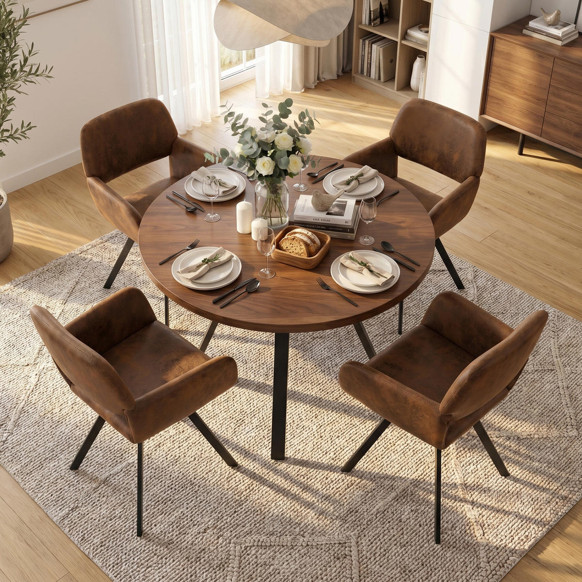 ESSTISCH-SET 1+4, runder Tisch in Walnuss-Optik mit 4 Esszimmerstühlen - Walnussfarben/Schwarz, Holzwerkstoff (80/75/80cm) - Urban Meuble