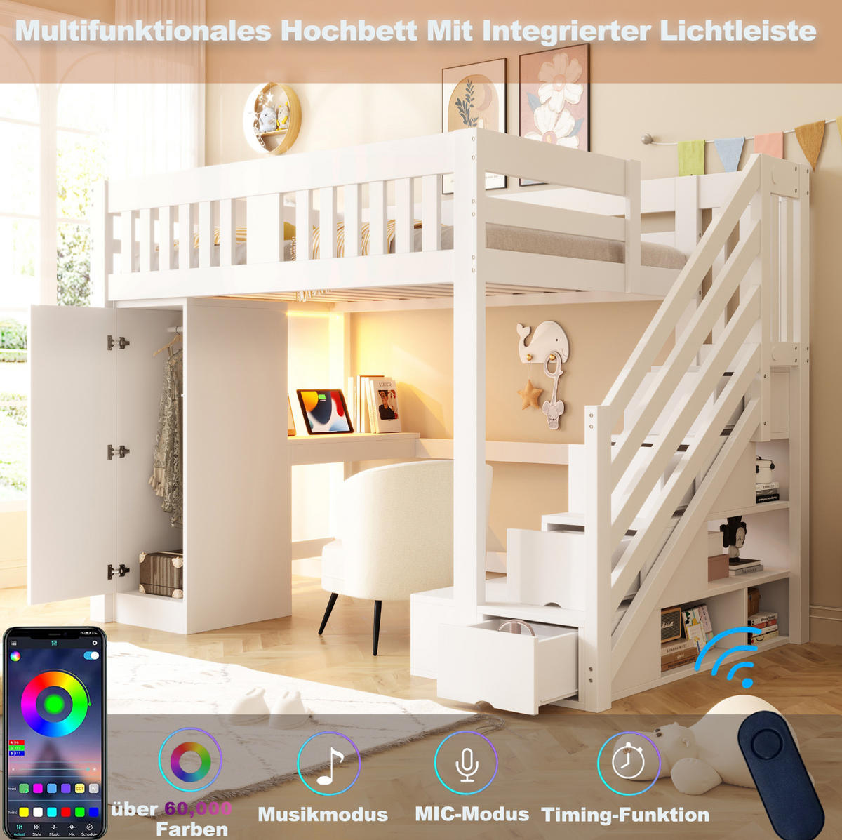 HOCHBETT 140/200 cm mit Stauraumtreppe, Kleiderschrank, Schreibtisch, LED-Beleuchtung und Bank, Weiß - Weiß, Holz (140/200cm) - Redom