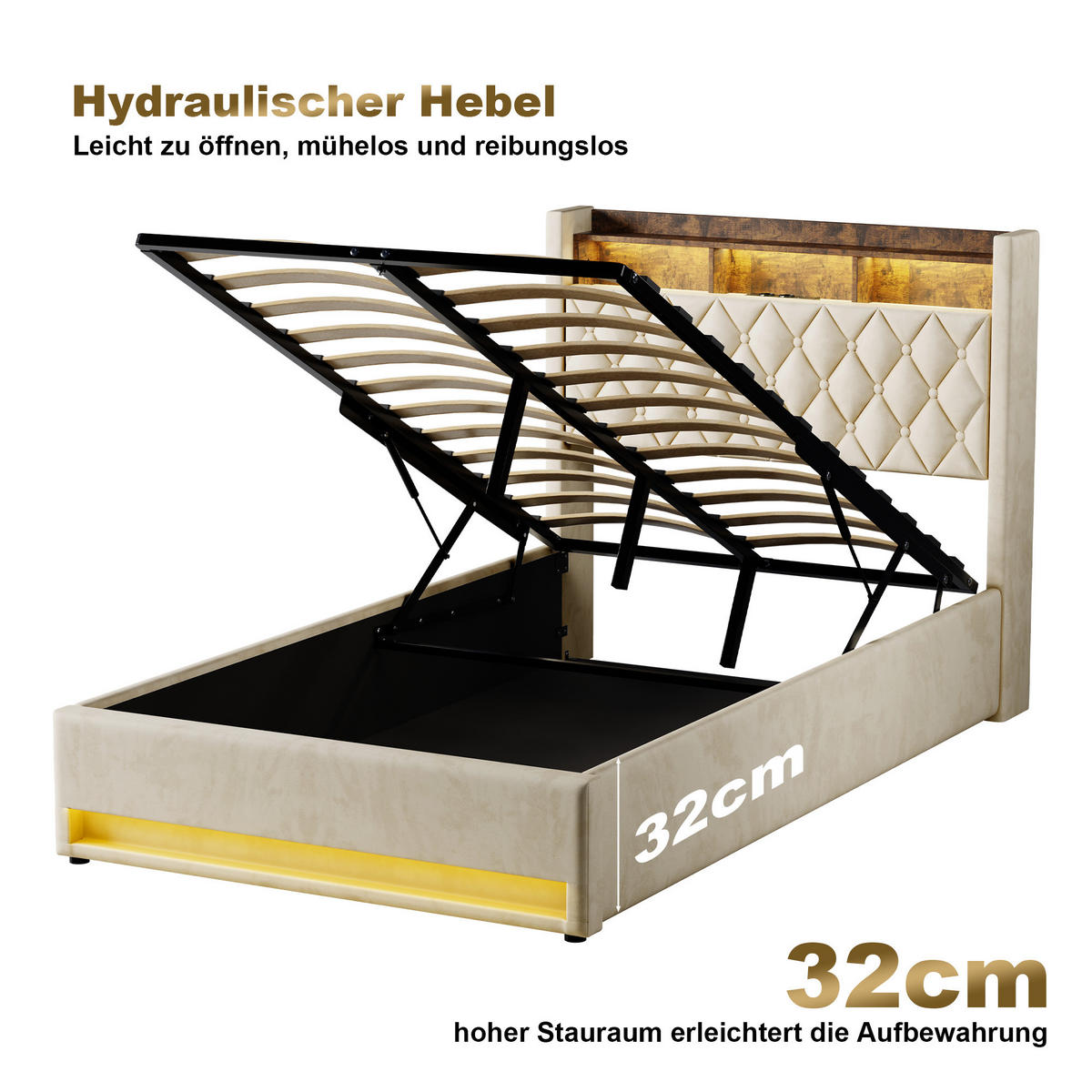 POLSTERBETT 140/200 cm in Beige, Samt, mit Bettkasten, USB, LED, ohne Matratze - Beige, Holzwerkstoff/Textil (140/200cm) - WISHDOR