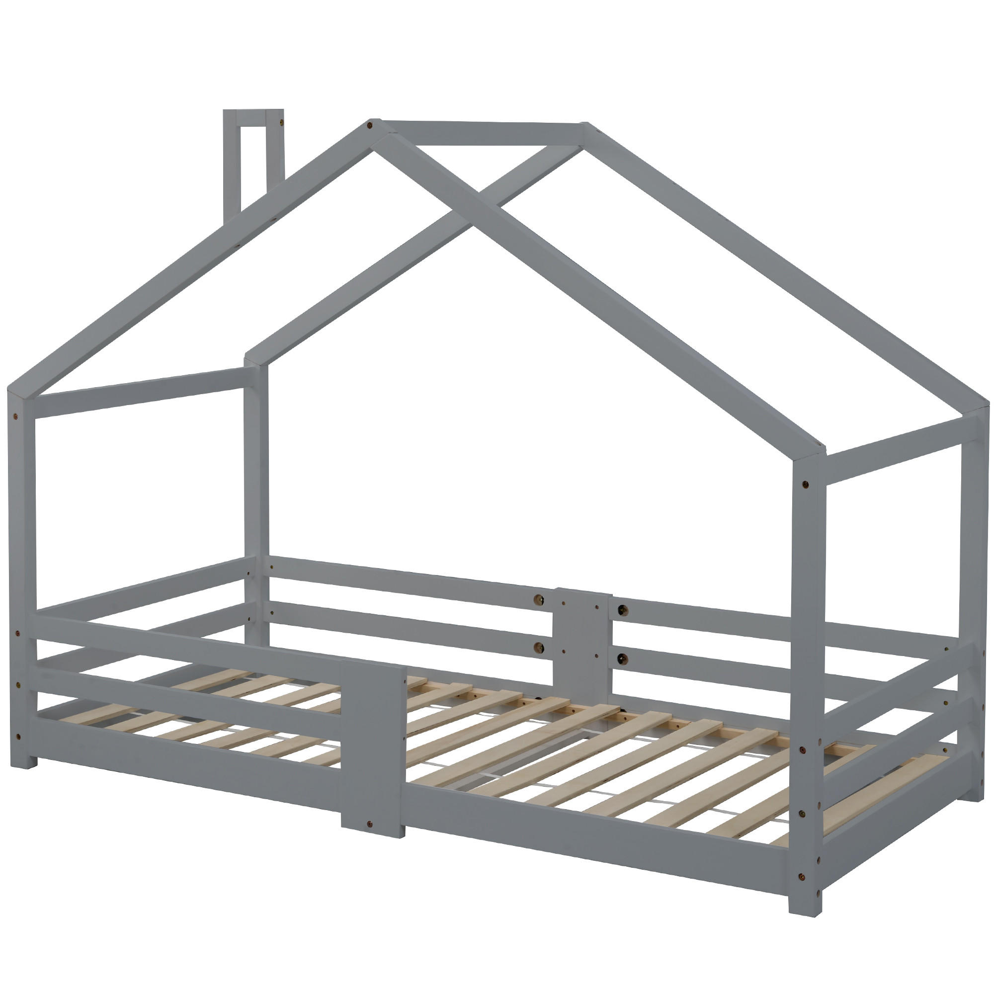 HAUSBETT 90/200 cm DE-03877, mit Schornstein und Rausfallschutz, in Grau - Grau, Holz (90/200cm) - ComfortXL
