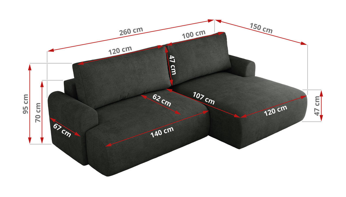ECKSCHLAFSOFA TONO L Dunkelgrau Struktur - links - Dunkelgrau/Schwarz, Kunststoff/Textil (260/150cm) - MKS