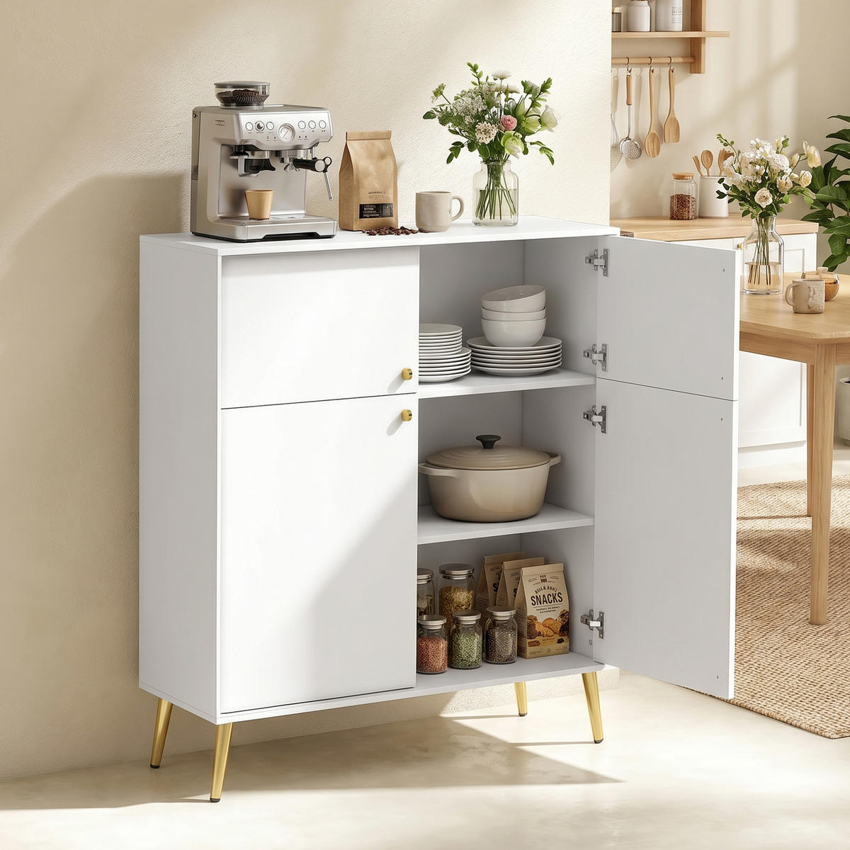 SIDEBOARD av spånskiva och metall, krämvit - Cremefärgad/Guldfärgad, Träbaserade material/Metall (40.5/122.4/105.4cm) - HOMCOM