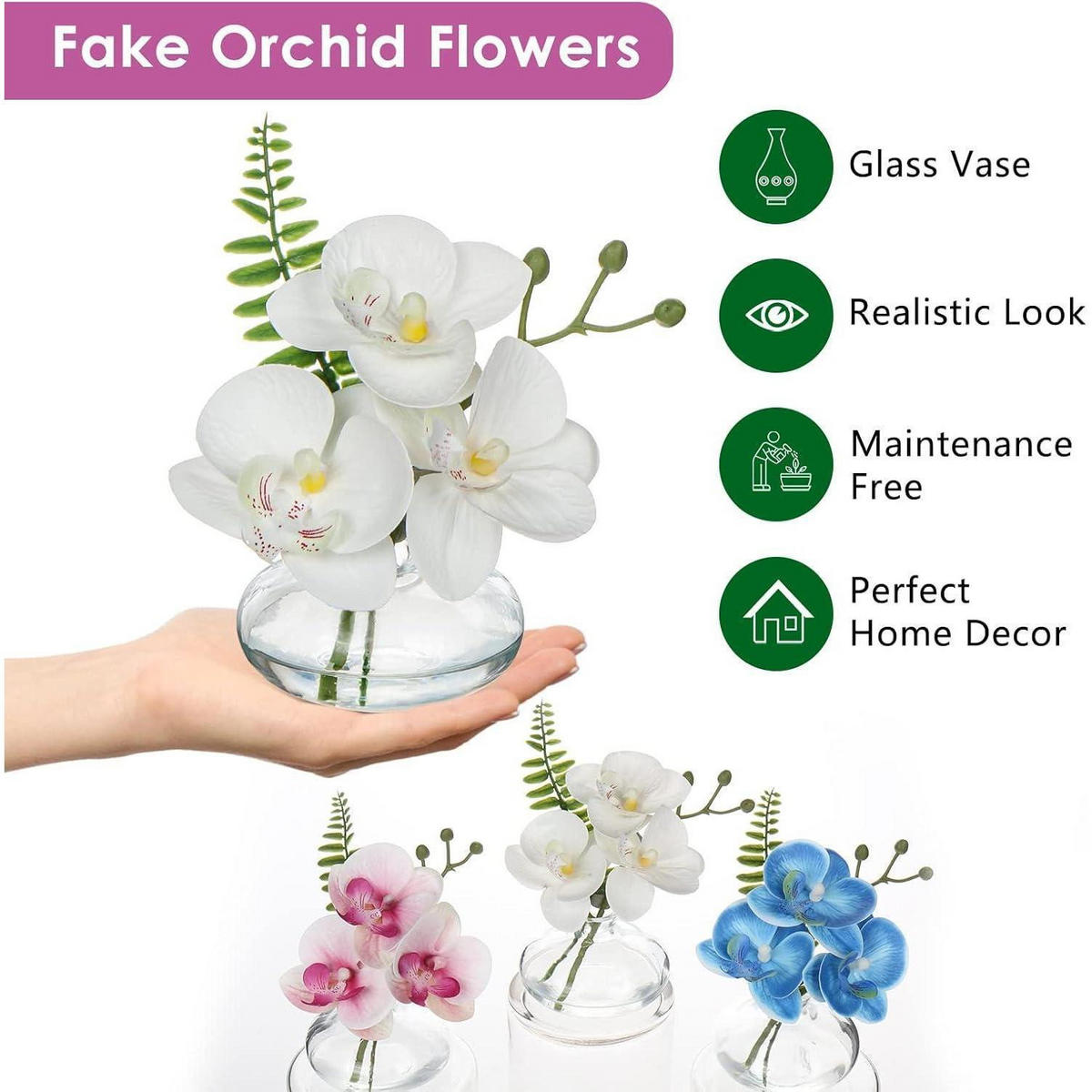 KUNSTBLUMEN 3er Set Orchidee Phalaenopsis mit Glasvase Weiß - Weiß, Kunststoff (12cm)