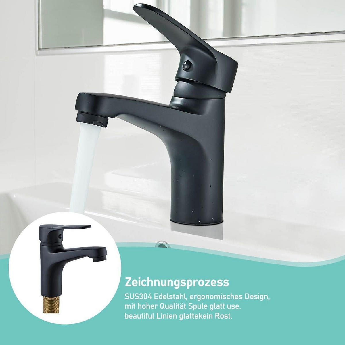 WASCHTISCHARMATUR Niederdruck Schwarz Messing mit Wassersparfunktion - Schwarz, Metall (19/7/25cm)