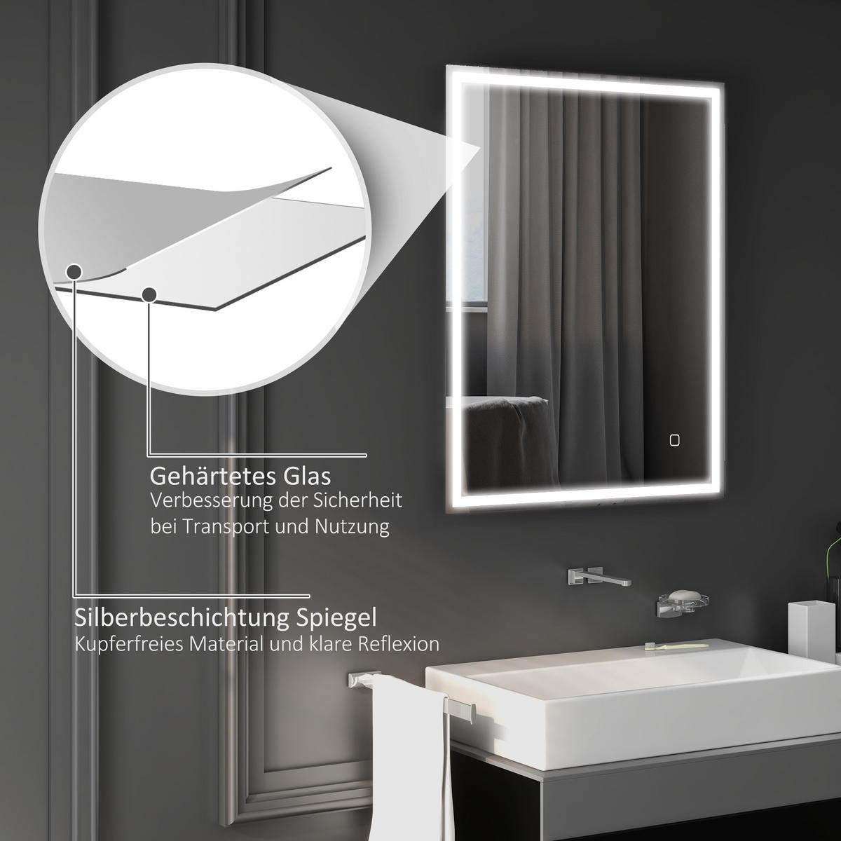 BADSPIEGEL mit Beleuchtung 90x70 cm LED Spiegel, Silber - Silberfarben, Glas (90/4/70cm) - HOMCOM