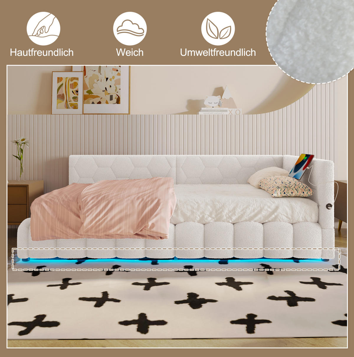 POLSTERBETT mit LED-Beleuchtung 90/200 cm mit Bettkasten & USB/Typ-C - Weiß, Textil (90/200cm) - BEAOK