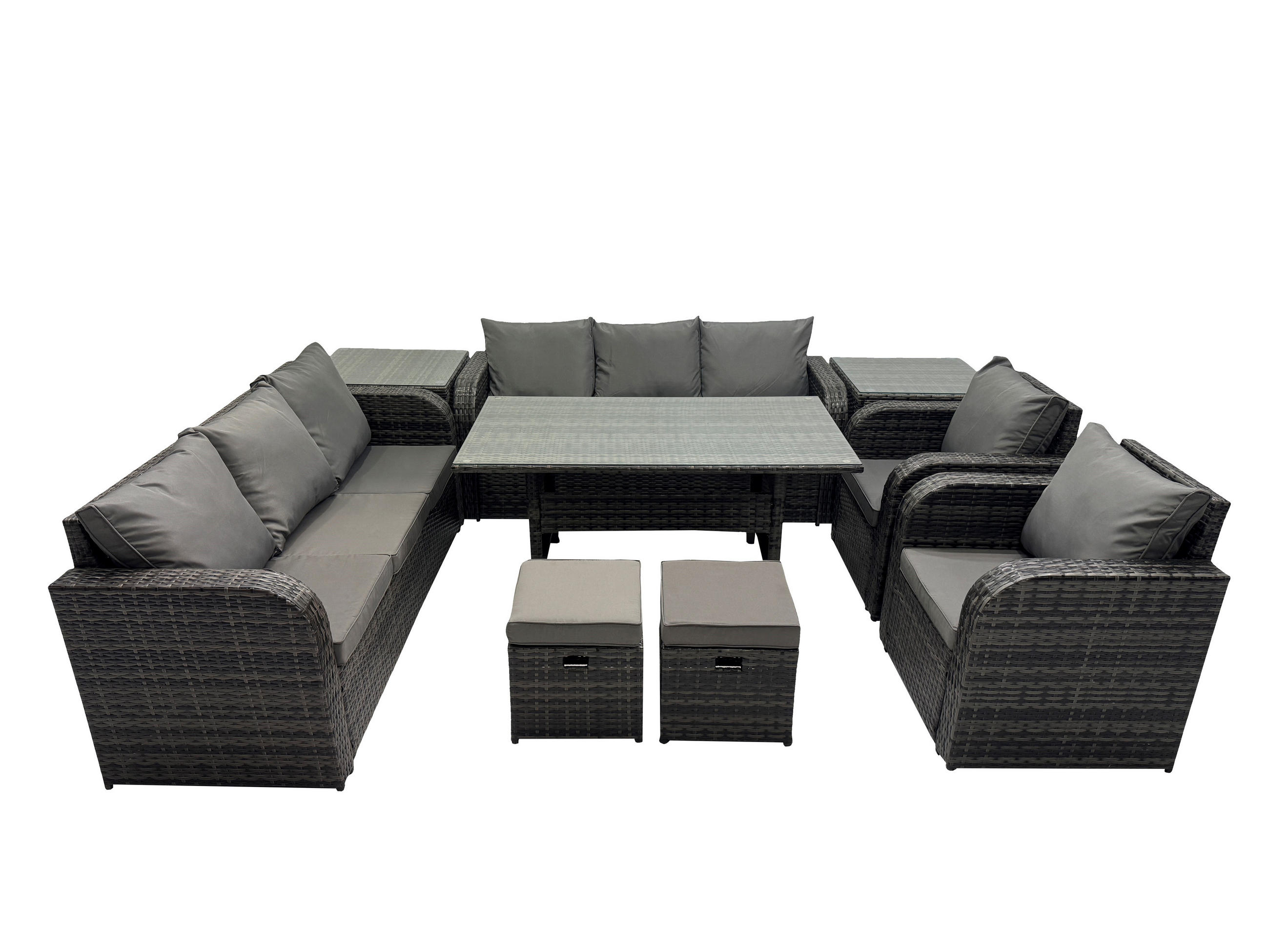 GARTENTISCHGRUPPE mit 2 Beistelltischen,3 kleine Fußhocker Polyrattan Dunkelgrau 10-Sitzer - Dunkelgrau/Grau, Glas/Kunststoff - Fimous