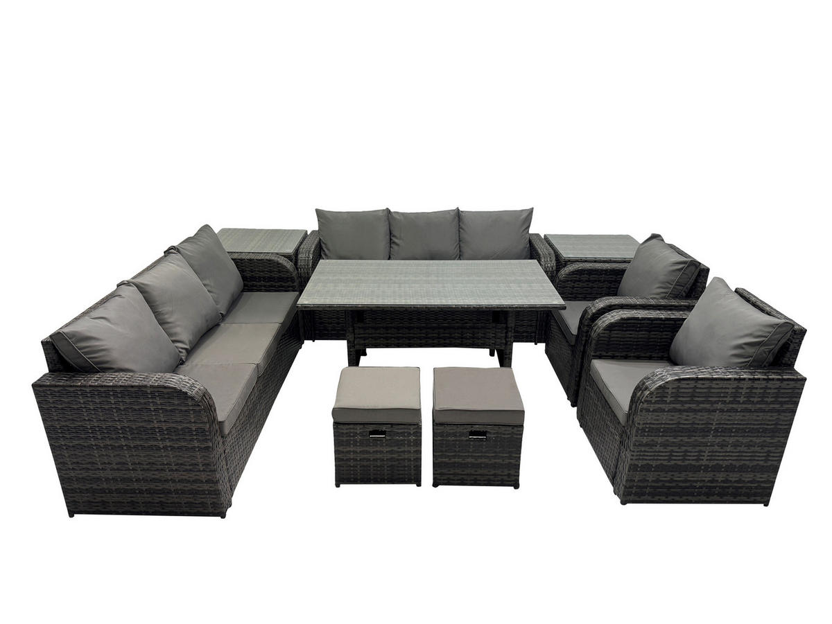 GARTENTISCHGRUPPE mit 2 Beistelltischen,3 kleine Fußhocker Polyrattan Dunkelgrau 10-Sitzer - Dunkelgrau/Grau, Glas/Kunststoff - Fimous