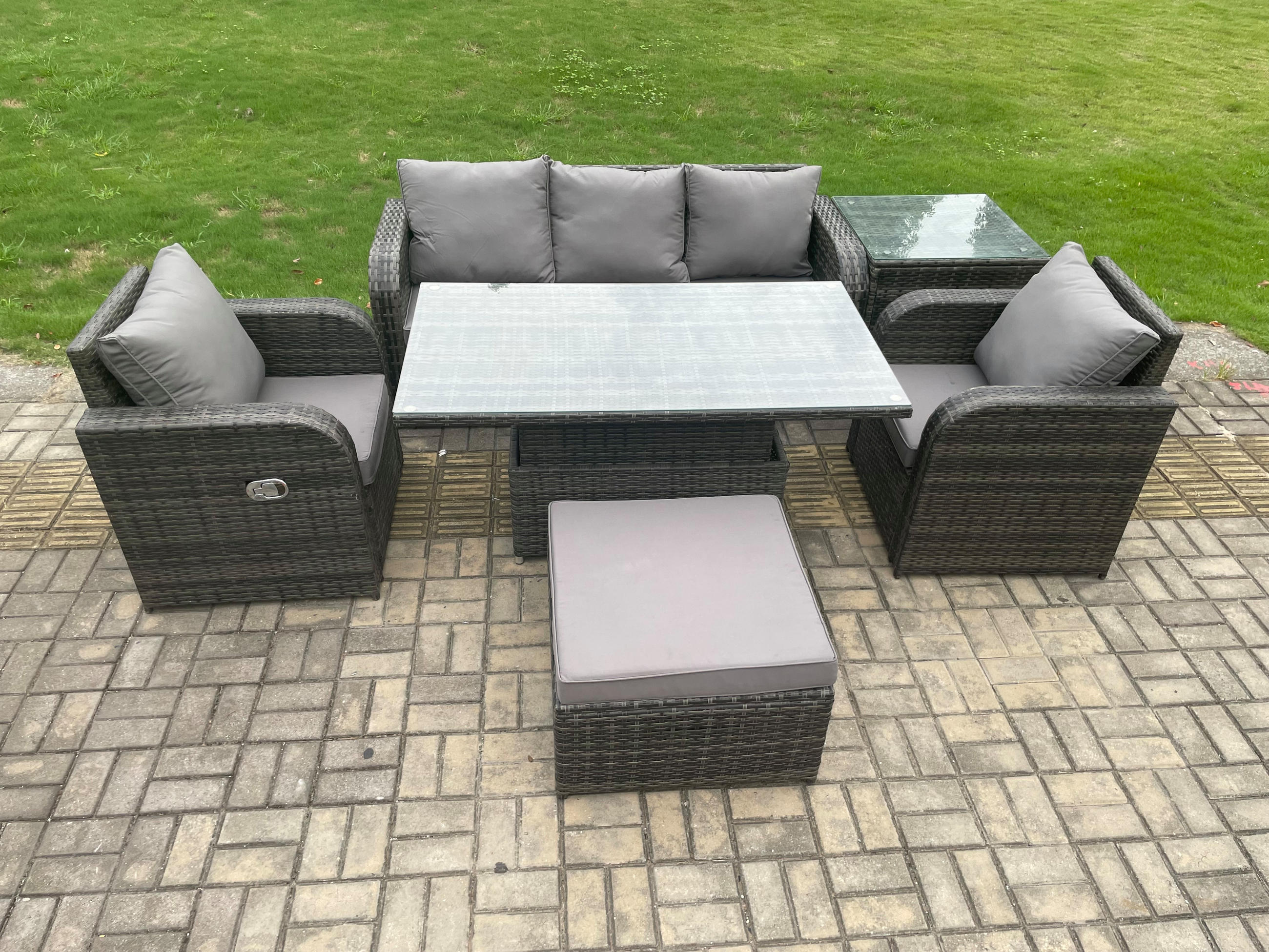 GARTENSOFA SET Polyrattan 6-Sitzer - Dunkelgrau/Grau, Glas/Kunststoff - Fimous