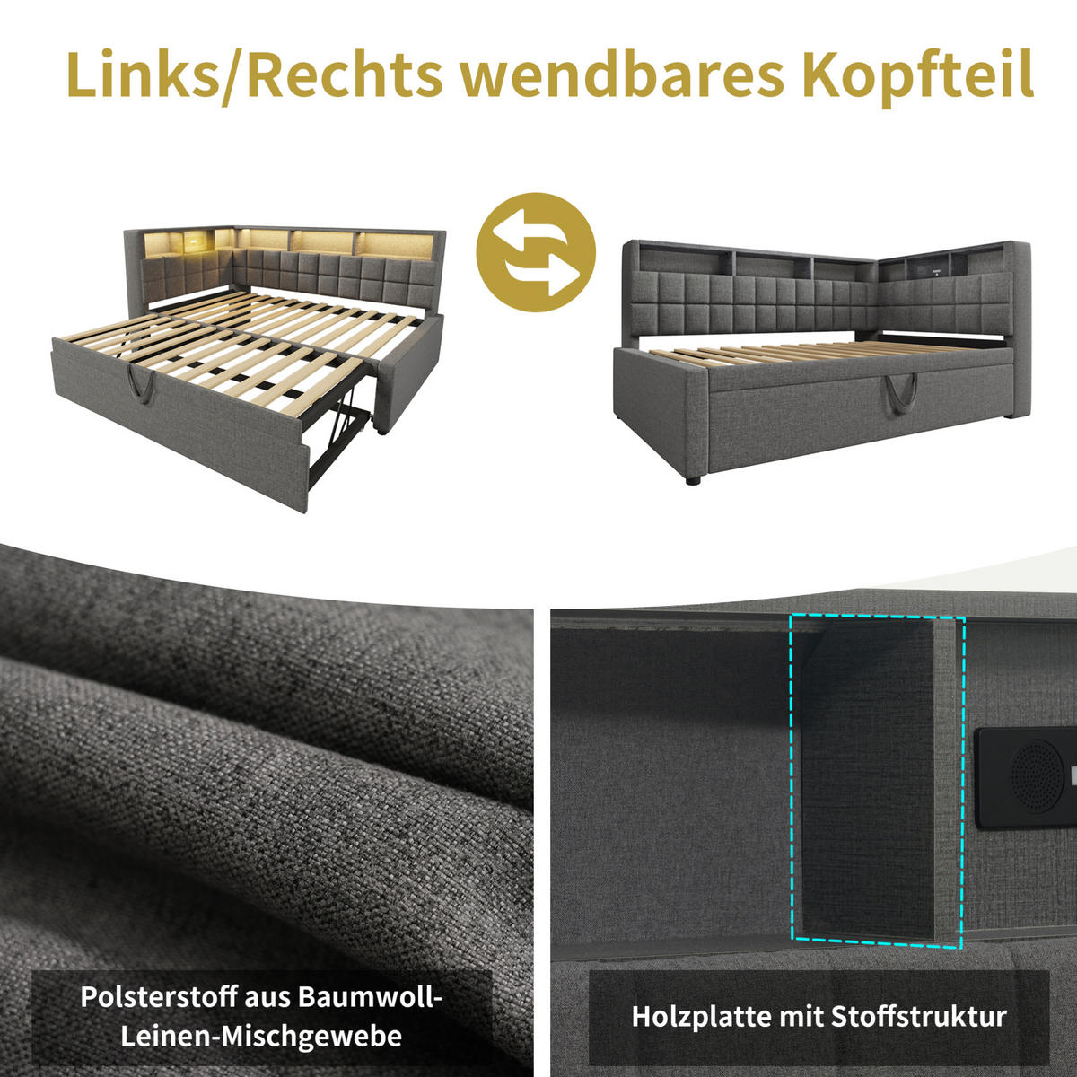 POLSTERBETT 90/200 cm Grau Ausziehbett 90/190 cm mit LED-Beleuchtung Leinen L-Kopfteil mit Stauraum - Grau, Textil (90/200cm) - OKWISH