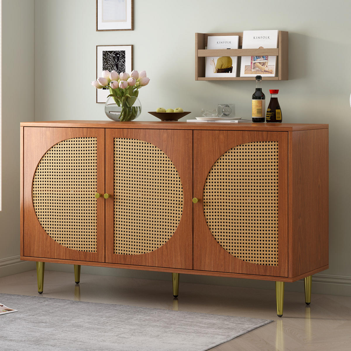 SIDEBOARD 129.8/40/76 cm Walnuss aus Spanplatte mit Rattan-Webung - Walnussfarben, Holzwerkstoff (40/76/129.8cm) - OKMYHOME
