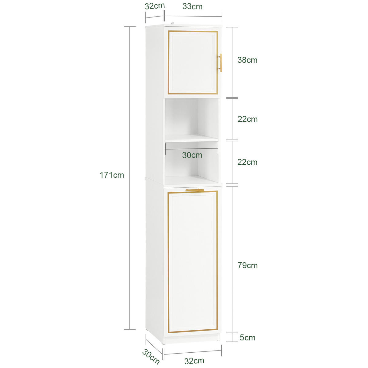 HOCHSCHRANK mit Wäschesack - Goldfarben/Weiß, Holzwerkstoff (33/171/32cm) - SoBuy