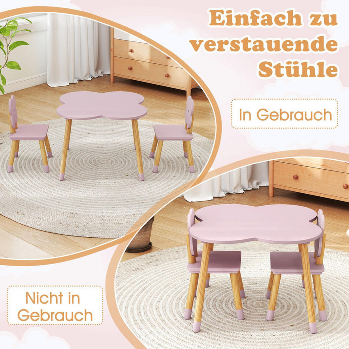 KINDERTISCH mit stuhl rosa(3-tlg) - Pink, Holzwerkstoff (60/44/60cm) - COSTWAY