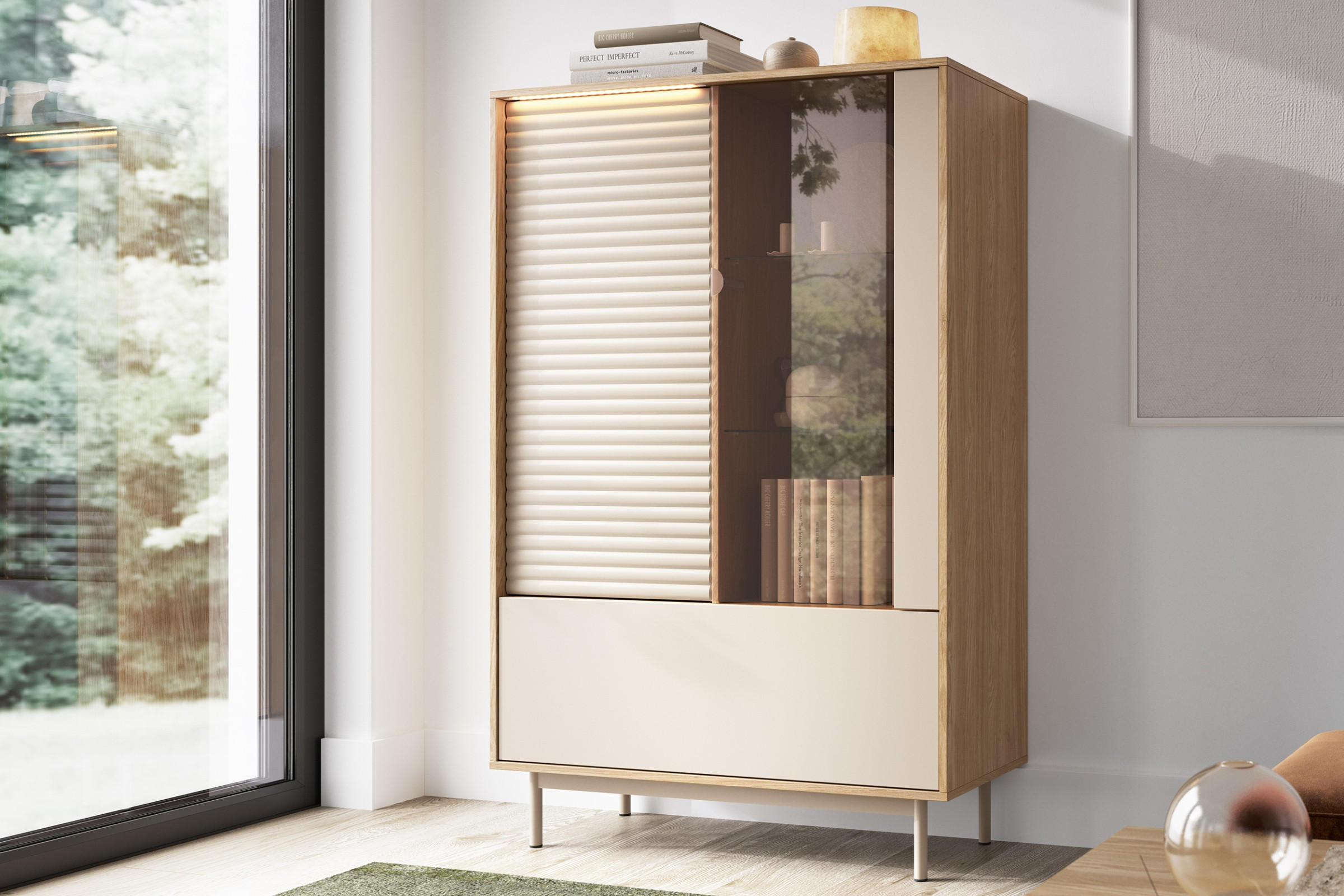 Thumbnail - Deine Möbel 24 Vitrine, Kaschmir, Eiche, Holzwerkstoff, 101x152x40 cm, Wohnzimmer, Wohnwände, Vitrinenschränke