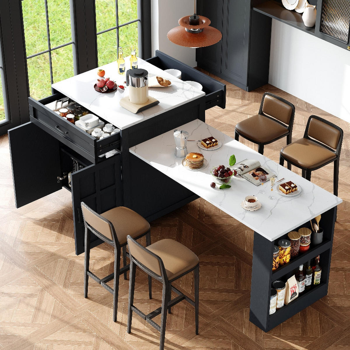 KÜCHENINSEL AUSZIEHBARER BARTISCH mit Stauraum, MDF Schwarz, für 2-6 Personen, 133-202/70/93,5 cm - Schwarz, Kunststoff (70/93.5/202cm) - Rolipo