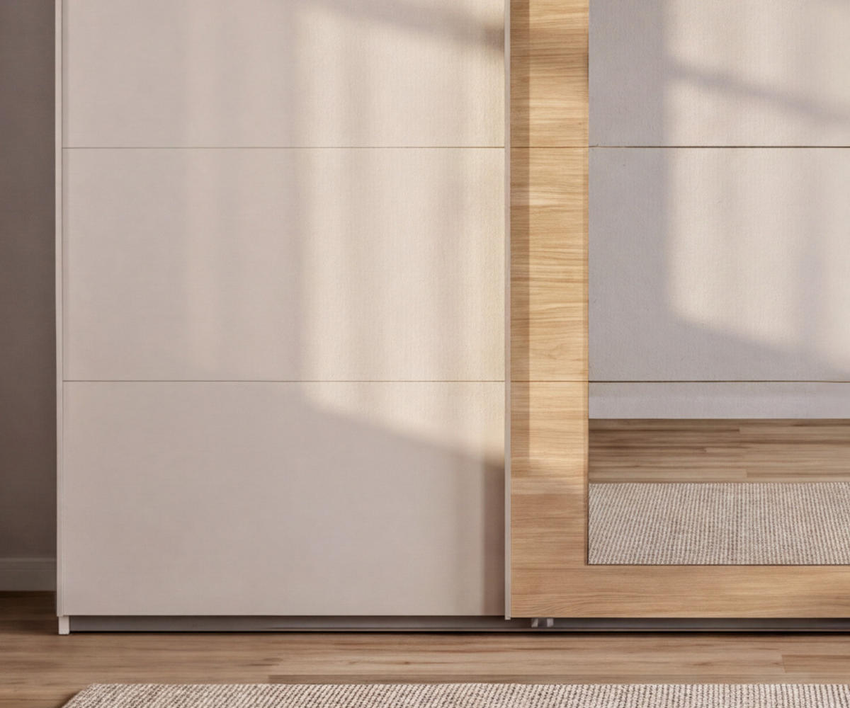 SCHWEBETÜRENSCHRANK 3-türig B313/H208/64 cm Kleiderschrank in Beige Grau, Spiegel umrahmt in Eiche Natur, Griffe Beige Grau / 22631 - Beige, Holzwerkstoff/Metall (313/208/64cm) - luma-home