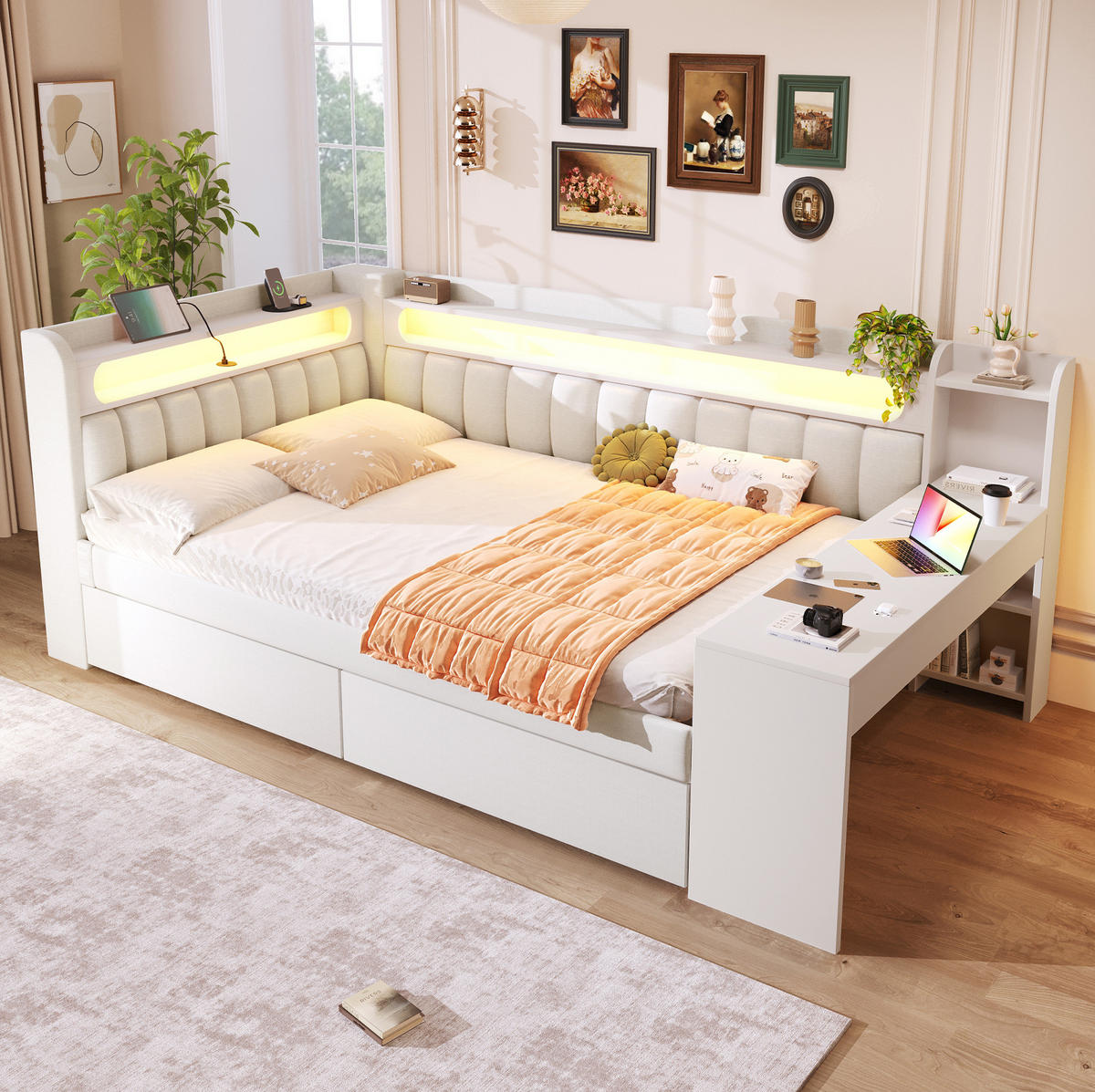 TAGESBETT aus MDF und Sperrholz 140x200 cm Weiß mit Schreibtisch, 2 Schubladen, LED und USB - Weiß, Holzwerkstoff (140/200cm) - IVMEU