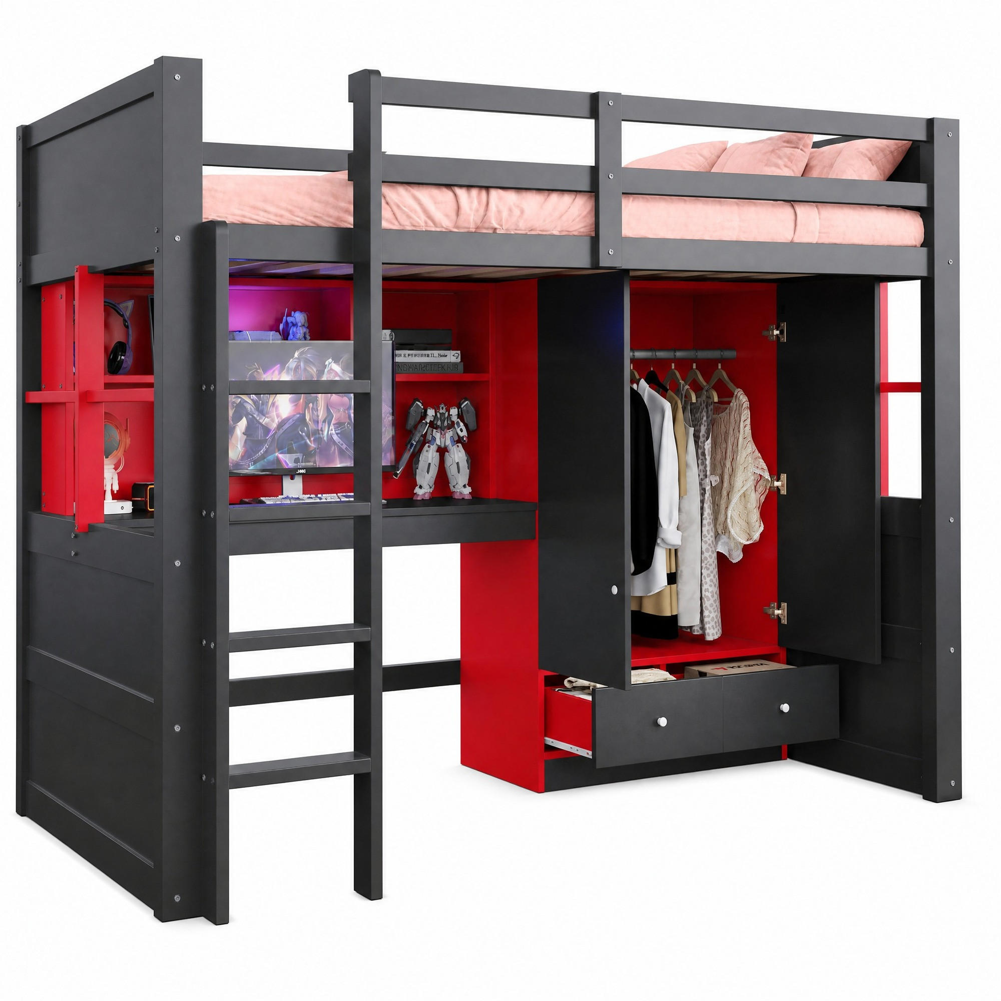 HOCHBETT 90/200 cm in Schwarz-Rot mit LED-Beleuchtung und Stauraum - Schwarz, Holz (90/200cm) - Flora Grace