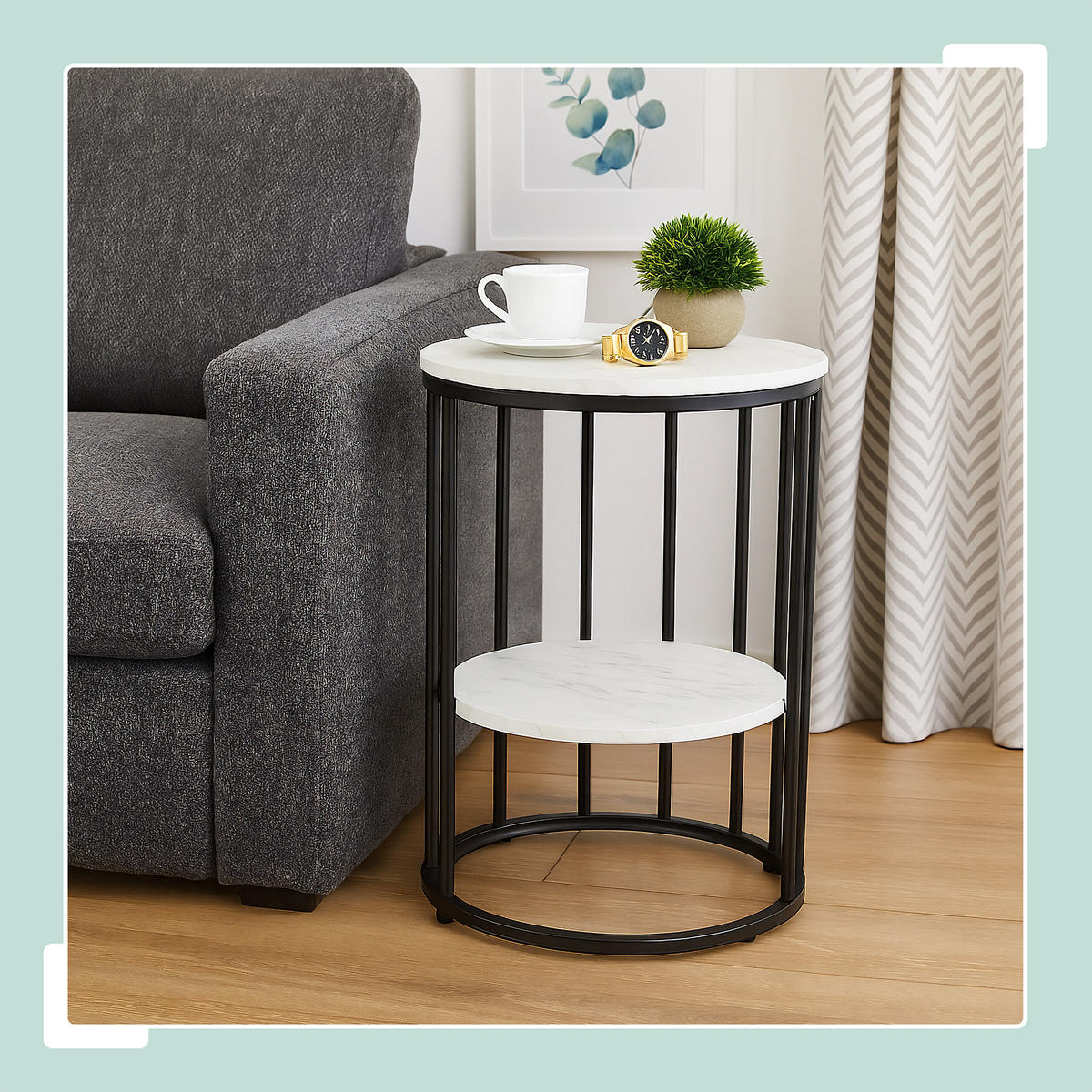 MĂSUȚĂ Alb Negru aspect de marmură 2 polițe - alb/negru, compozit lemnos/metal (40/40/57cm) - Relaxdays