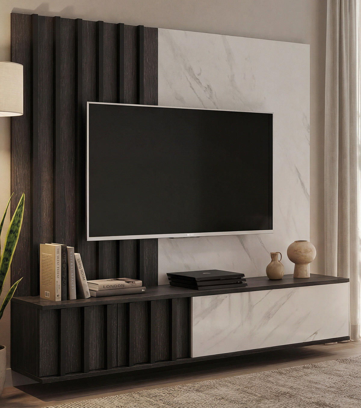TV-LOWBOARD Graphit Eiche, Marmor weiß 160 cm hängend, TV Unterschrank Set mit Wandpaneel - Graphitfarben/Weiß, Holzwerkstoff (160/148/35cm) - Inn.Furn
