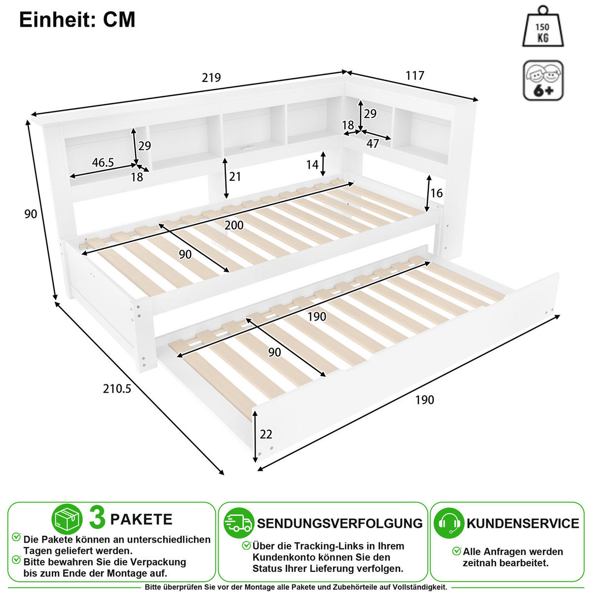 SCHLAFSOFA 90/200 cm & 90/190 cm in Weiß mit Ausziehbett, USB, Steckdose und Ablage - Weiß, Holz/Holzwerkstoff (90/200cm) - CHICFURN