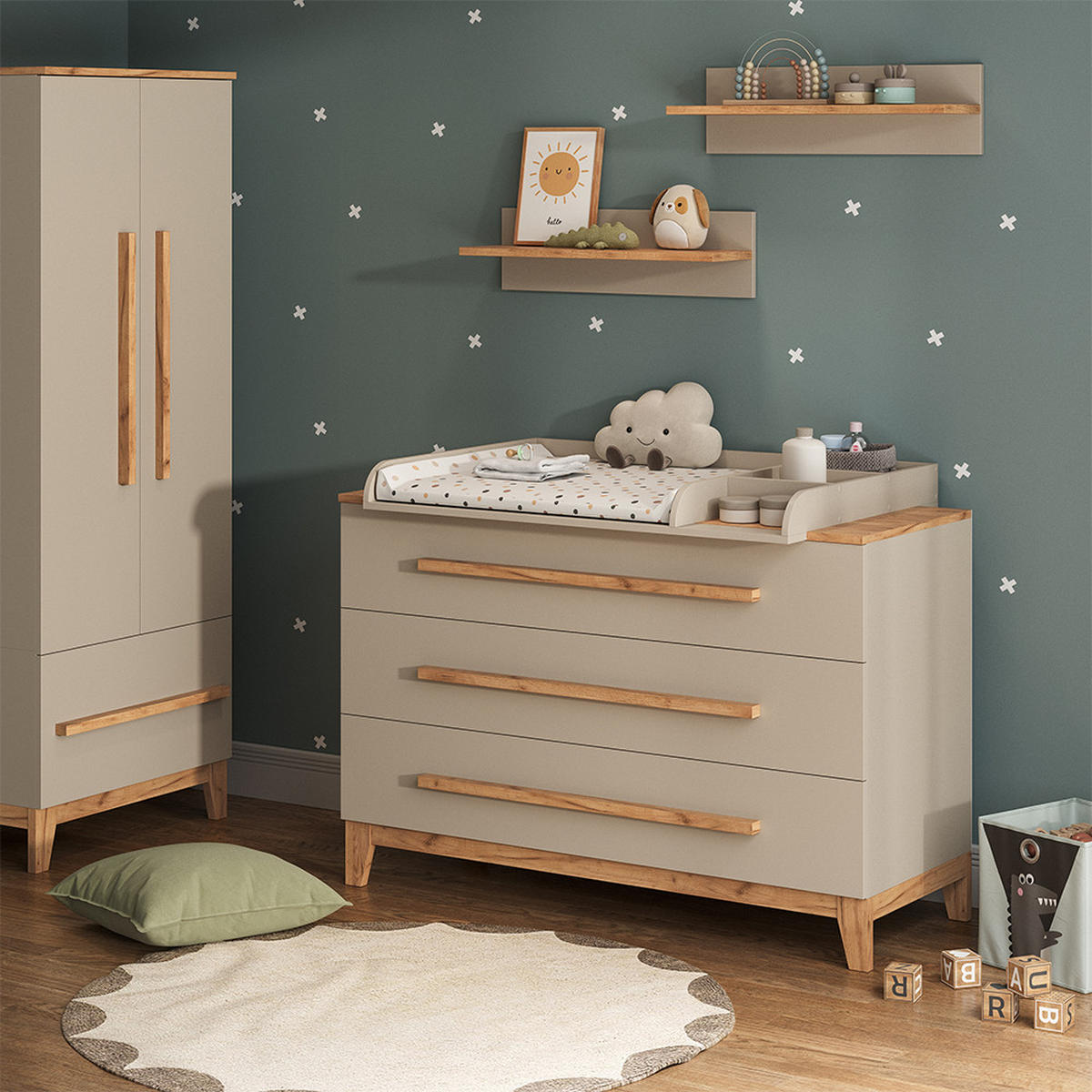 WICKELKOMMODE Malia Cashmere/Eiche 133.2 x 98 cm mit 3 Schubladen - Kaschmir/Hellgrau, Holzwerkstoff (133.2/98/70cm) - VitaliSpa