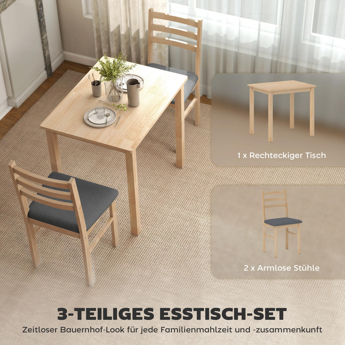 ESSGRUPPE 3er Set Kautschukholz MDF Naturholz - Naturfarben/Grau, Holz/Textil (60/74.5/80cm) - HOMCOM