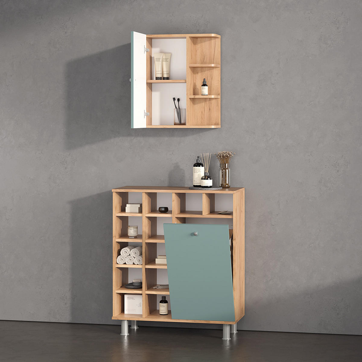 BADSCHRANK Fucino Grün 47.2 x 59.2 cm - Braun/Grün, Holzwerkstoff (47.2/59.2/20.8cm) - Livinity®