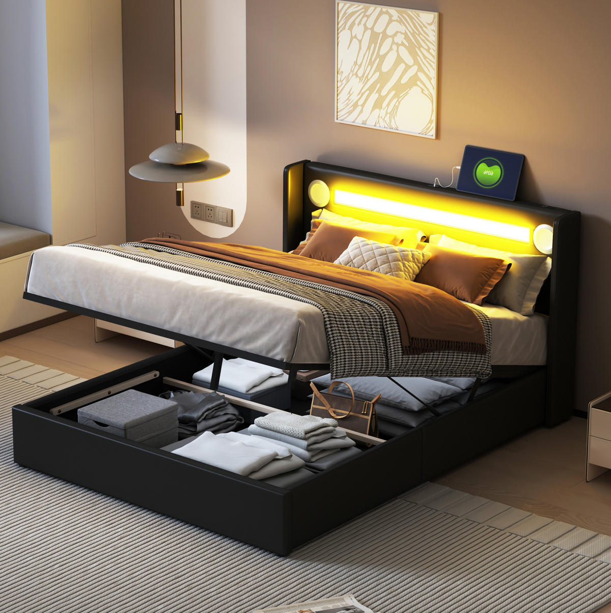 ČALÚNENÁ posteľ z PU kože 140x200 cm čierna s LED, Bluetooth, USB a úložným priestorom - čierna, plast (140/200cm) - Modfu