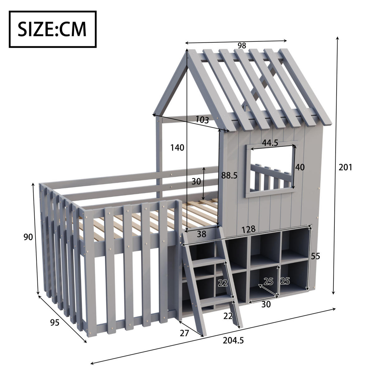 KINDERBETT 90/200 cm aus Massivholz mit Dach und Fenster, Grau - Grau, Holz (90/200cm) - OKMYHOME