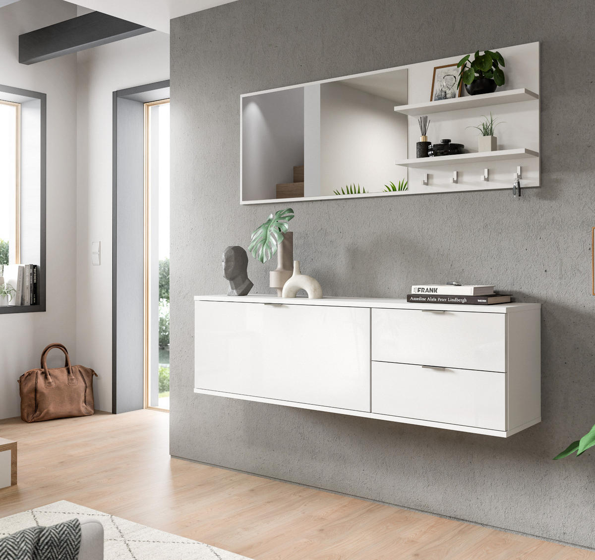 GARDEROBE Set 4-teilig weiß Hochglanz 144 cm, Garderobenkombination mit Spiegel hängend - Chromfarben/Weiß Hochglanz, Holzwerkstoff/Kunststoff (144/193/34cm) - Inn.Furn