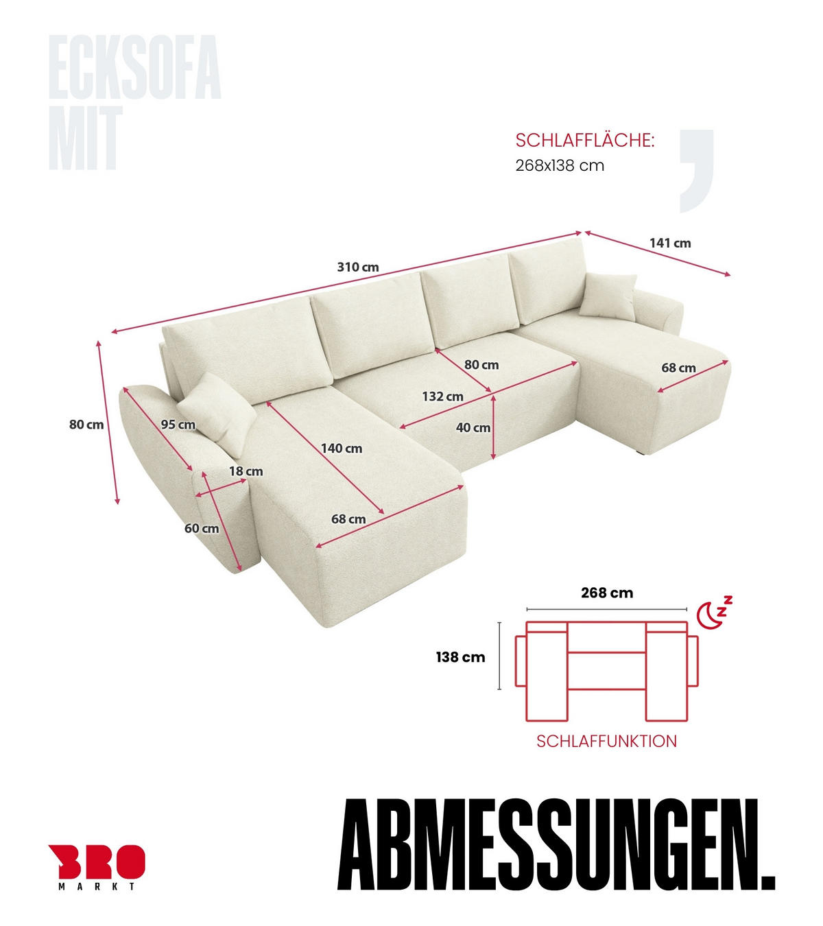 WOHLANDSCHAFT Rotterdam U mit Schlaffunktion Beige Bouclé - Beige, Textil (310/80/141cm) - Bromarkt