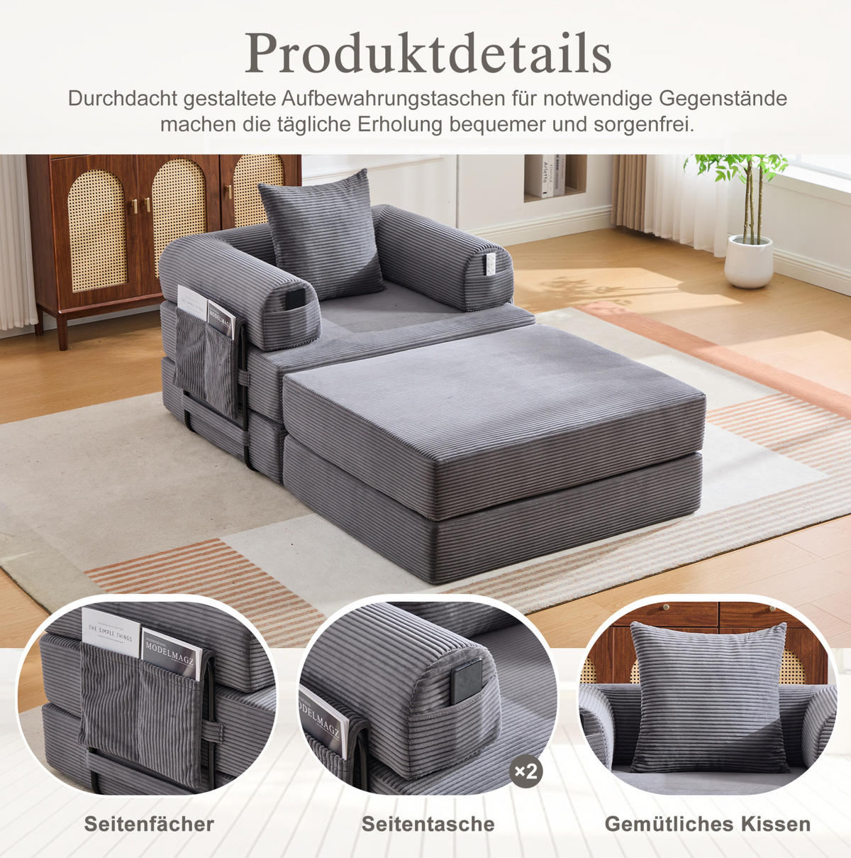 SESSEL aus Cord 112x190x67 cm Dunkelgrau mit Hocker, Seitentasche und Kissen, modular und montagefrei - Dunkelgrau, Textil (112/67/190cm) - Modfu
