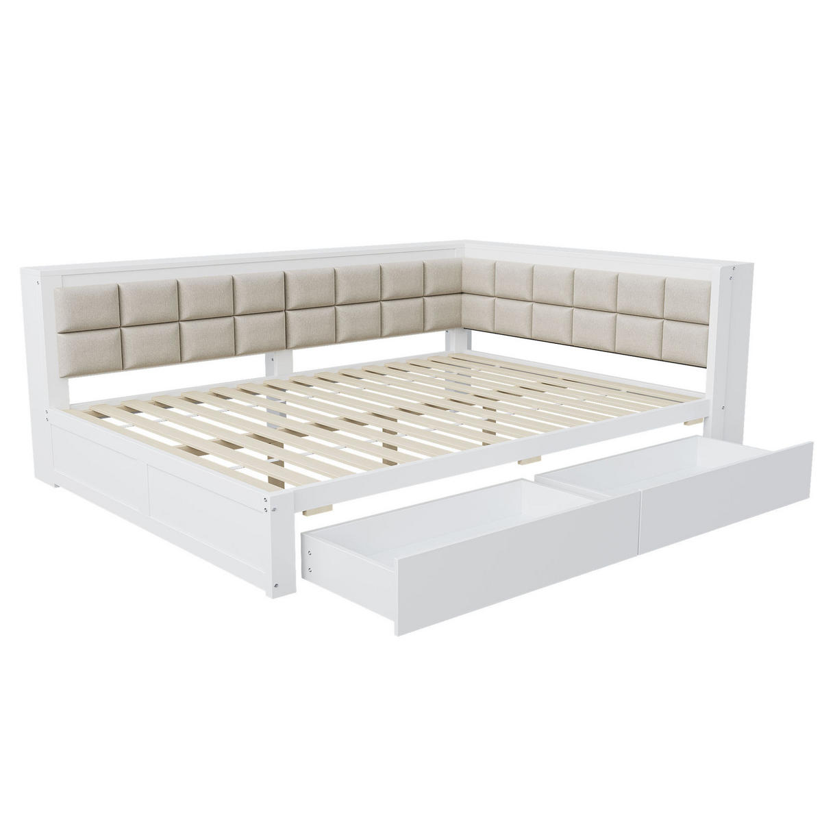 BETT 140/200 cm aus Kiefernholz mit weicher Rückenlehne und Stauraumschubladen in Weiß - Weiß, Holz (140/200cm) - OKWISH