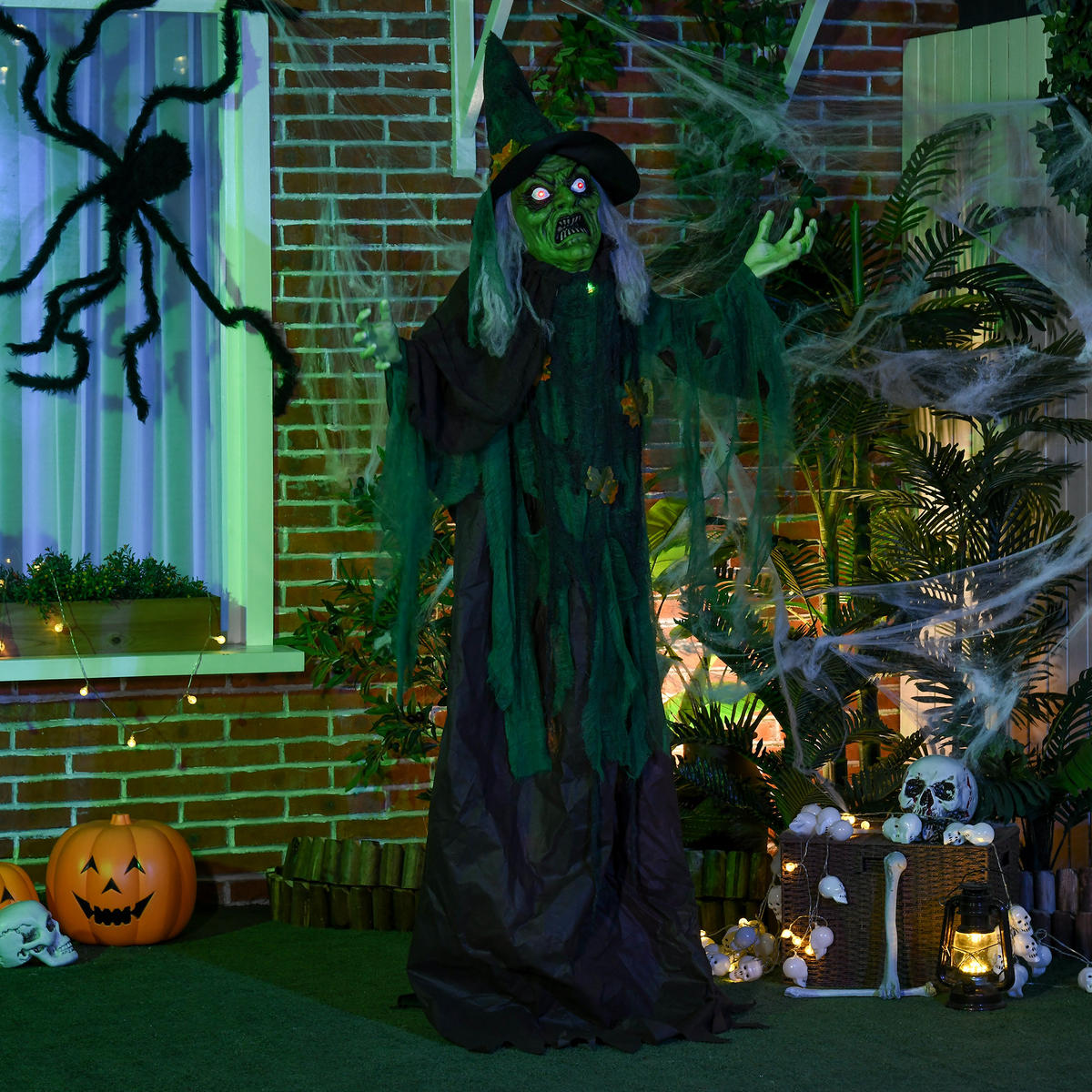 HALLOWEEN-HEXE 183cm Halloween Dekoration mit LED-Leuchte, Soundfunktion - Multicolor, Kunststoff (18/183/60cm) - HOMCOM