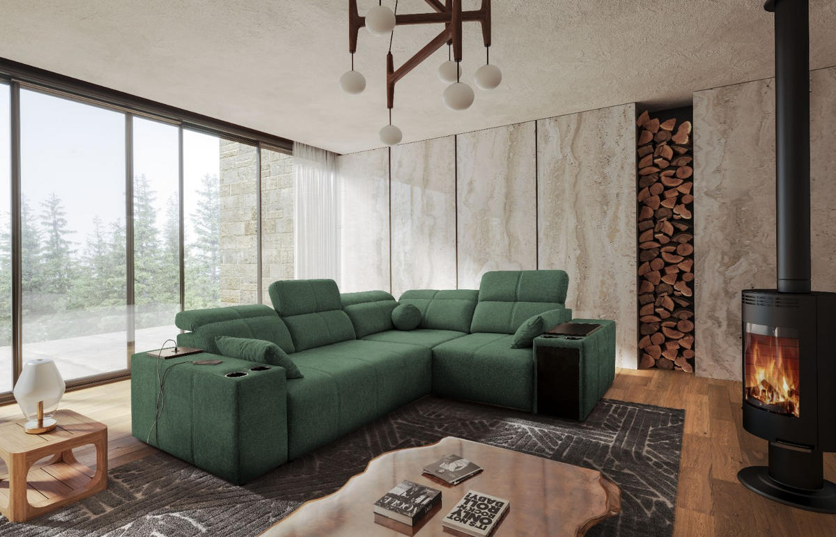 ECKSOFA Mit Schlaffunktion USB Und Verstellbarer Rückenlehne Mindy II Grün Rechts - Grün, Holz/Textil (288/219cm) - Kaiser Möbel