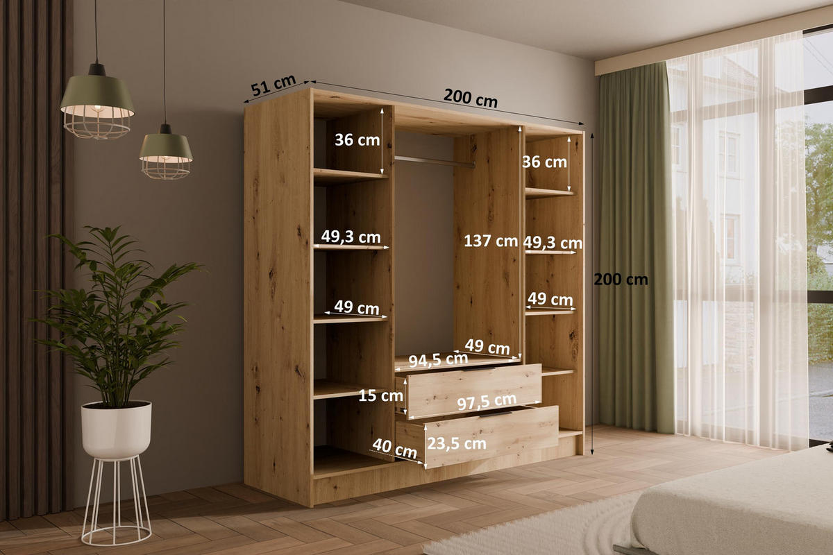 KLEIDERSCHRANK NELIA - 200 cm - Schwarz/Eiche Artisan, Holzwerkstoff (200/200/51cm) - ALTDECOR