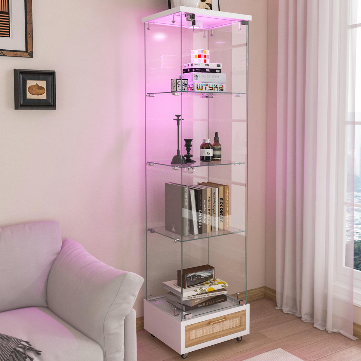 VITRINENSCHRANK 167/43/37 cm mit LED und Schubladen aus gehärtetem Glas Weiß - Weiß, Glas (42/167/36cm) - PARAFTA HOME