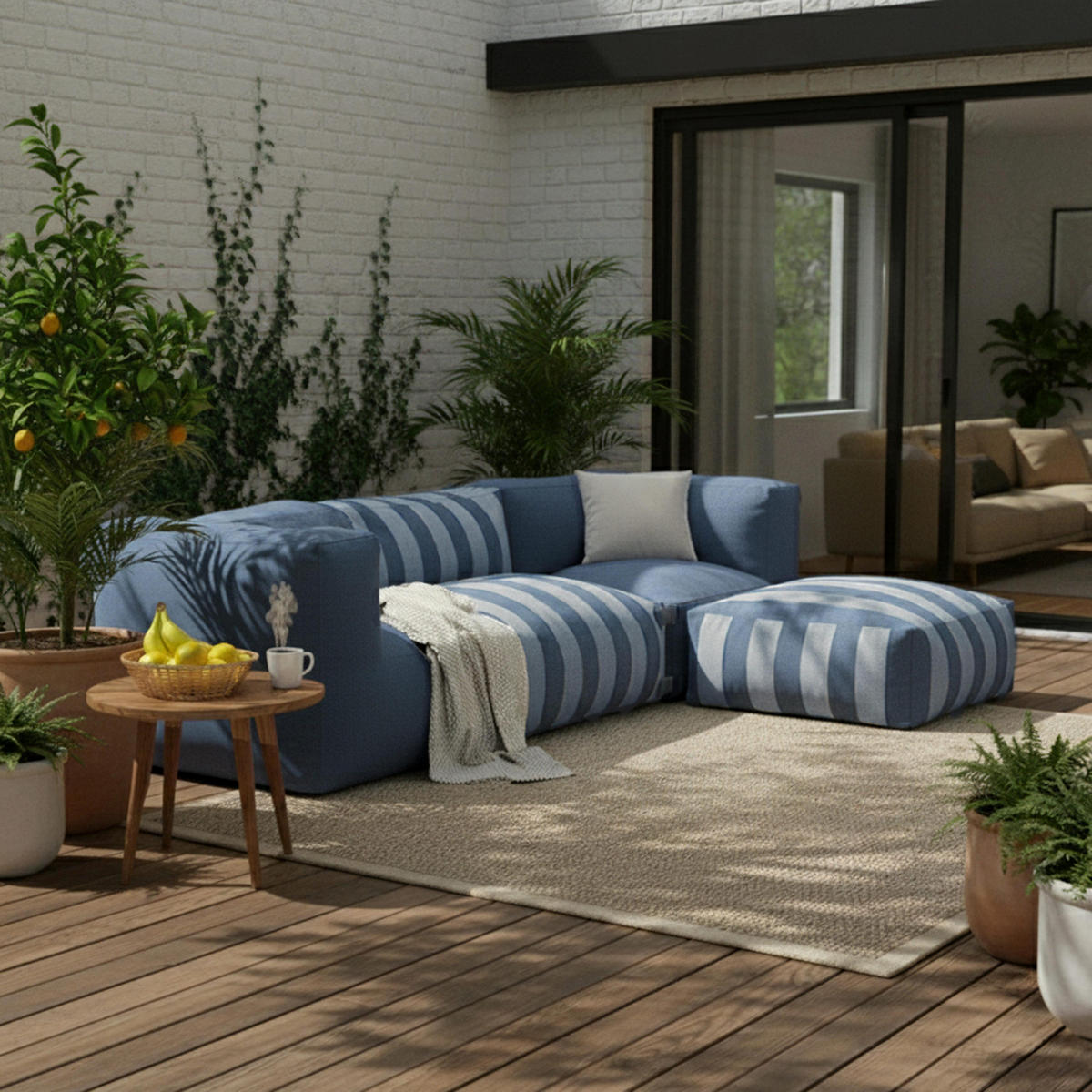 GARTENSOFA mit 4 Sitzplätzen, Pazifikblau - Blau, Textil (85/65/255cm) - Oviala