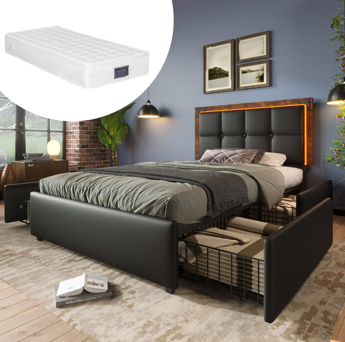 BETT mit LED und 4 Schubladen 90x200 cm PU Schwarz inkl. Matratze - Schwarz, Metall (90/200cm) - Meubliv