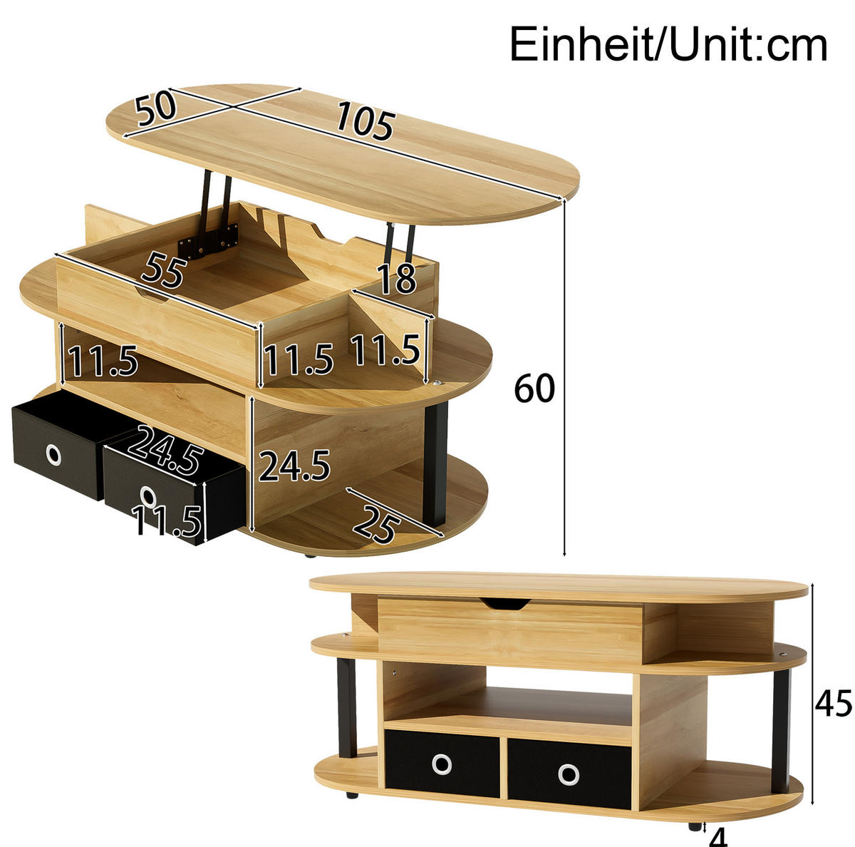 COUCHTISCH aus Spanplatte 105x50x45/60 cm in Naturfarben mit Hebefunktion - Naturfarben, Holzwerkstoff (105/50/60cm) - Modfu