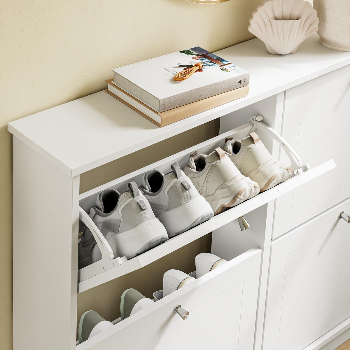 SCHUHSCHRANK schmal mit 4 Klappen, Weiß 105×18×78cm - Weiß, Holzwerkstoff (18/78/105cm) - SoBuy