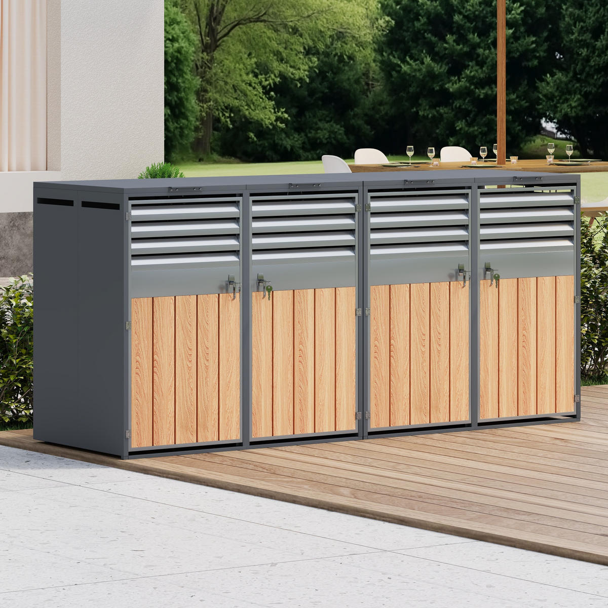 MÜLLTONNENBOX aus Stahl in Grau Holzoptik mit Klappdeckel & Schloss 264x80x118,5 cm - Grau, Metall (264/118.5/80cm) - Modfu
