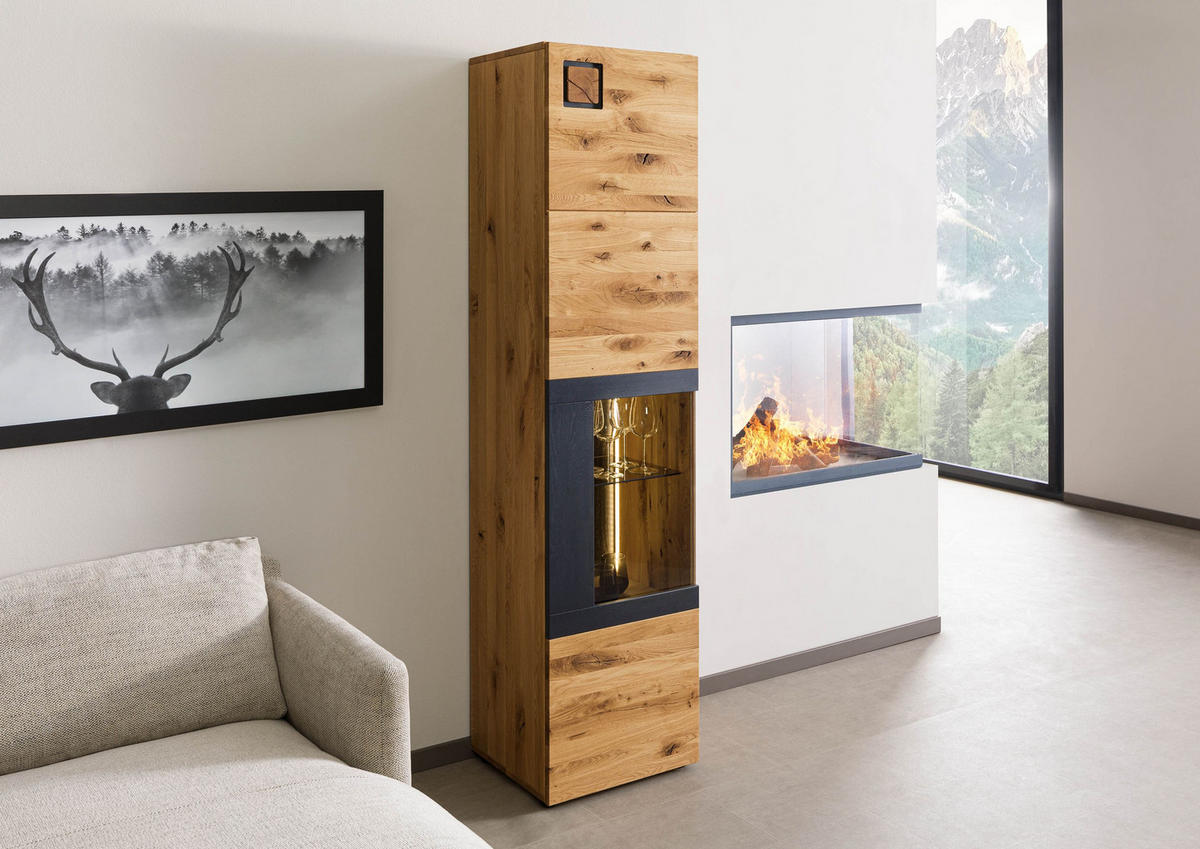 VITRINE Wildeiche 50x43,5x204 natur geölt/lackiert KITZBÜHEL #103 - Braun, Holz (50/204/44cm) - Massivmoebel24